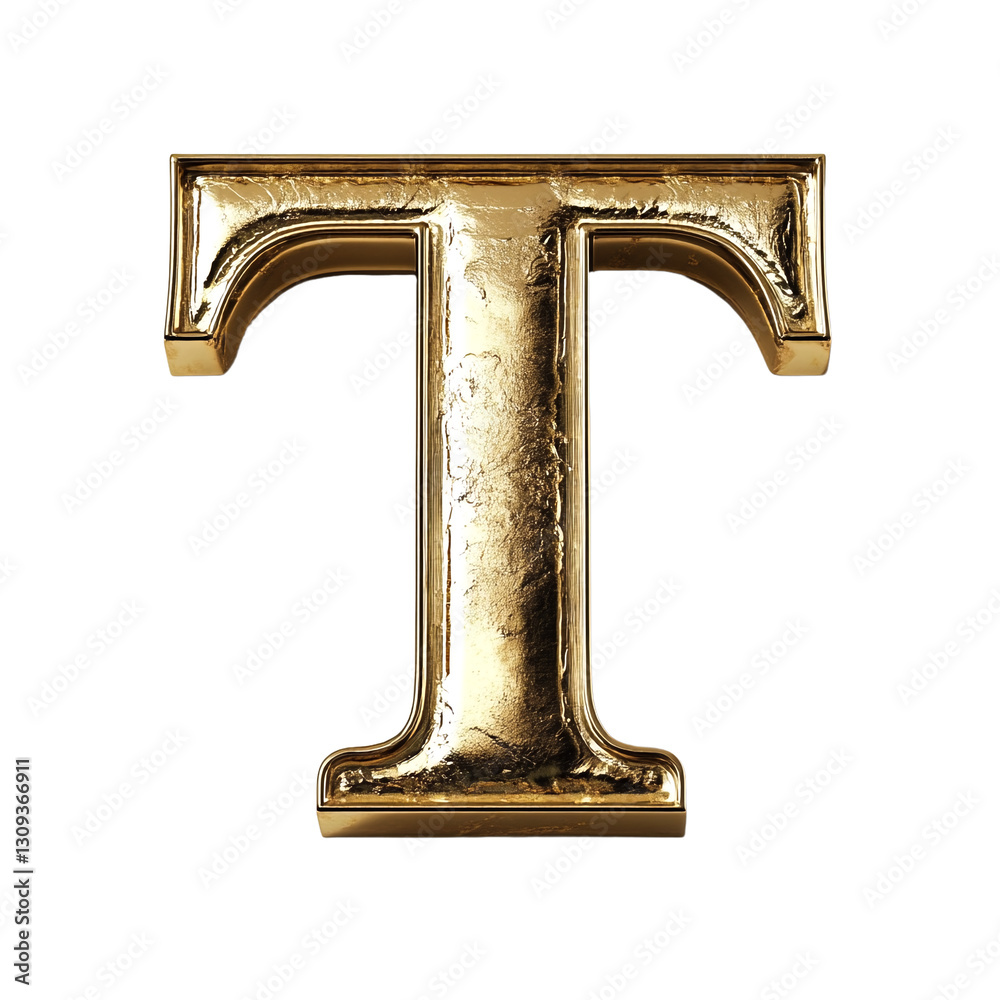 A large gold capital letter T with a worn and aged appearance. A large gold capital letter T with a worn and aged appearance.