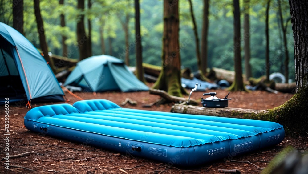Fototapeta premium Comfortable blue inflatable camping mattress in forest