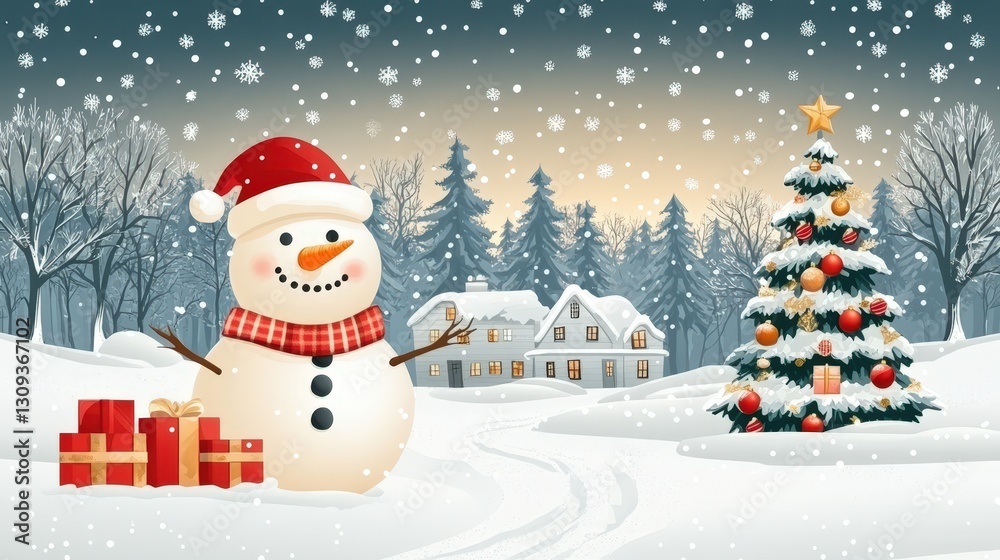 Snowy Village, Snowman, Christmas Tree, Winter Scene Snowy Village, Snowman, Christmas Tree, Winter Scene