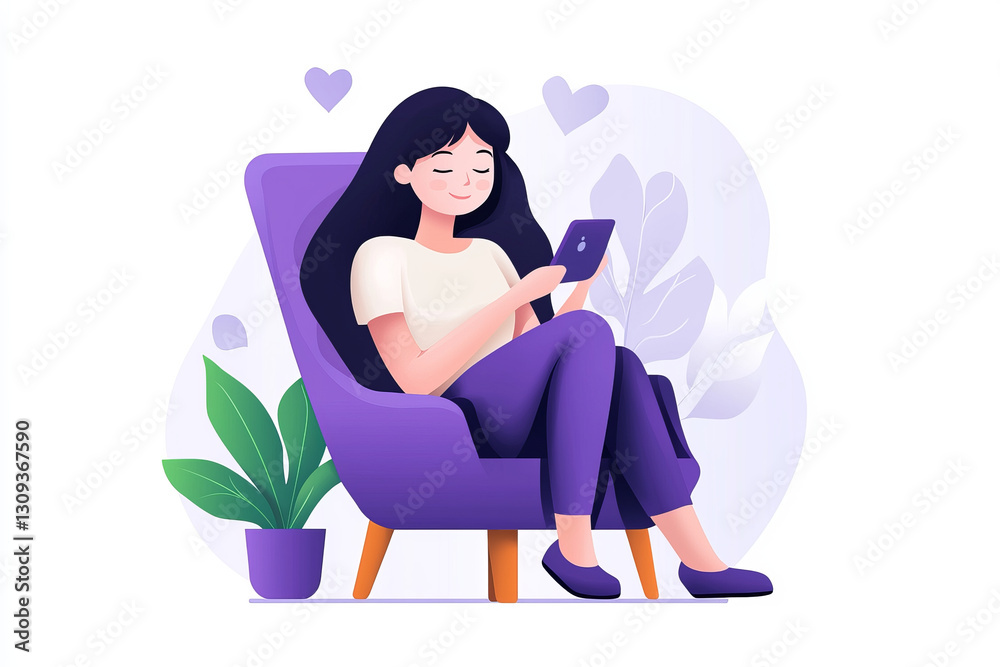 woman sitting in purple chair, using smartphone, surrounded by plants and hearts
