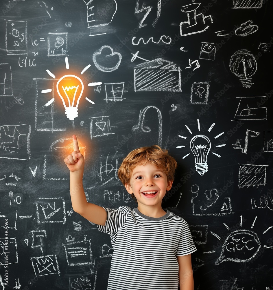 Happy young boy pointing at glowing light bulb on blackboard filled with doodles, symbolizing creativity and learning Happy young boy pointing at glowing light bulb on blackboard filled with doodles, symbolizing creativity and learning