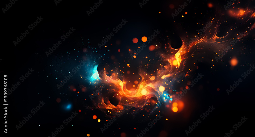 Abstract background featuring vibrant swirls of orange and blue light against a dark backdrop. Bokeh effect creates depth and dynamic energy in the composition. Abstract background featuring vibrant swirls of orange and blue light against a dark backdrop. Bokeh effect creates depth and dynamic energy in the composition.