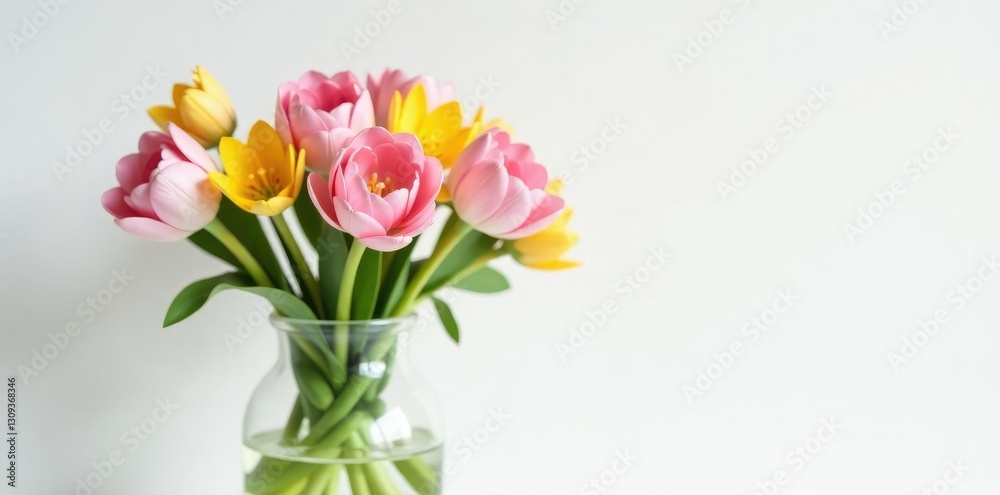 Spring flower arrangement in a clear glass vase against white backdrop, floral, flower, spring Spring flower arrangement in a clear glass vase against white backdrop, floral, flower, spring