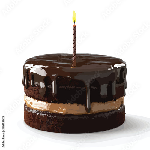 Delicious Chocolate Cake with Burning Candle 3D Render Isolated Icon