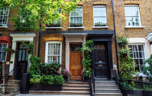Fototapeta Naklejka Na Ścianę i Meble -  Elegant Townhouse With A Blooming Front Yard