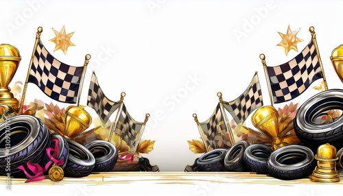 racing winners circle banner with checkered flags, trophys, tires racing concept background, graphic resource