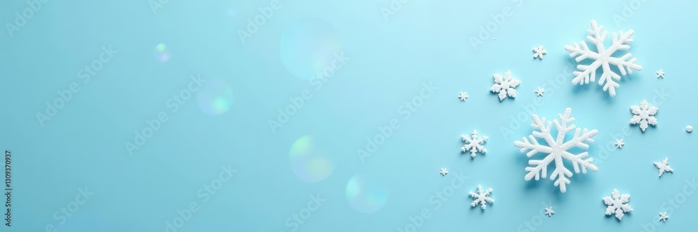 Sparkling white snowflakes on a pale blue surface with subtle shimmer, fresh, snowy, snowflakes