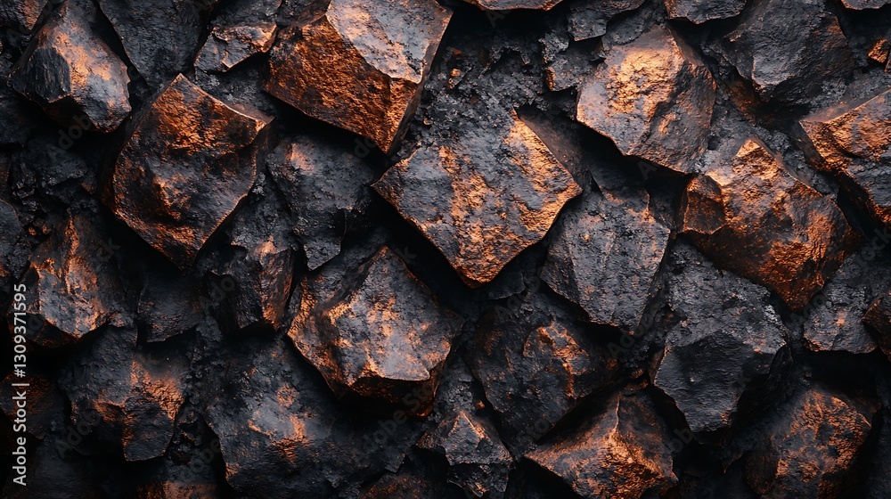 Dramatic close-up showcases a textured wall of rough angular stones with bronze and charcoal coloring creating dimension Dramatic close-up showcases a textured wall of rough angular stones with bronze and charcoal coloring creating dimension