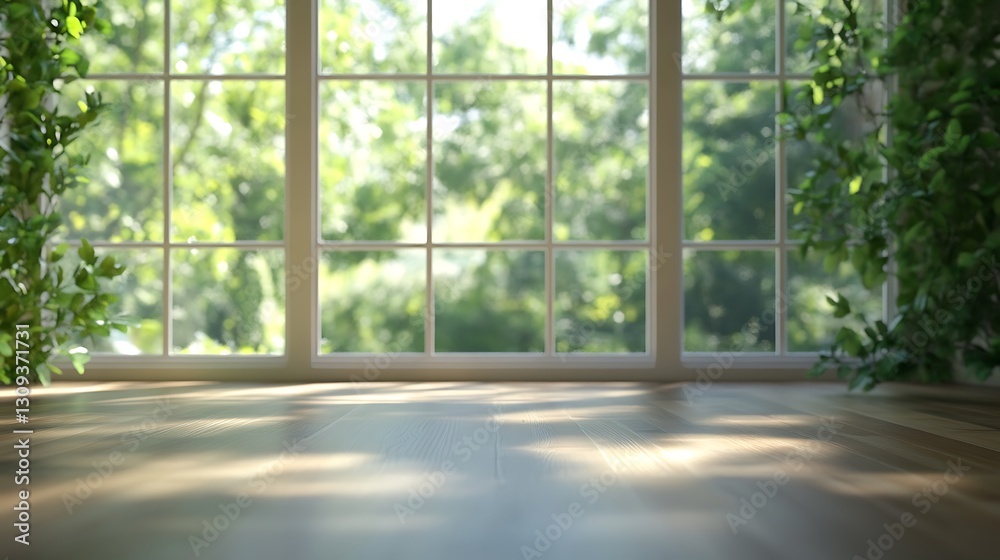 Sunlit wooden floor with verdant foliage framing a bright window showcasing natural daylight streaming through the leaves Sunlit wooden floor with verdant foliage framing a bright window showcasing natural daylight streaming through the leaves