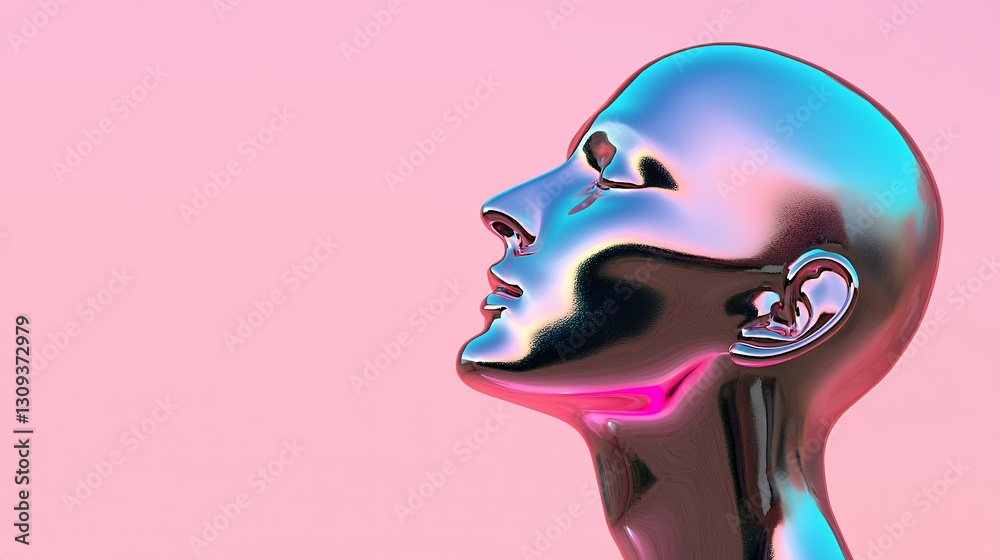 © Silapa - Chrome Metallic Head Sculpture Profile Against Pink Background © Silapa - Chrome Metallic Head Sculpture Profile Against Pink Background