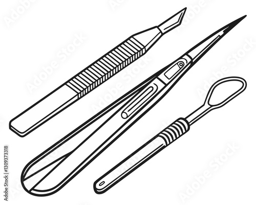 A set of surgical tools including a scalpel and forceps, isolated on white background.
