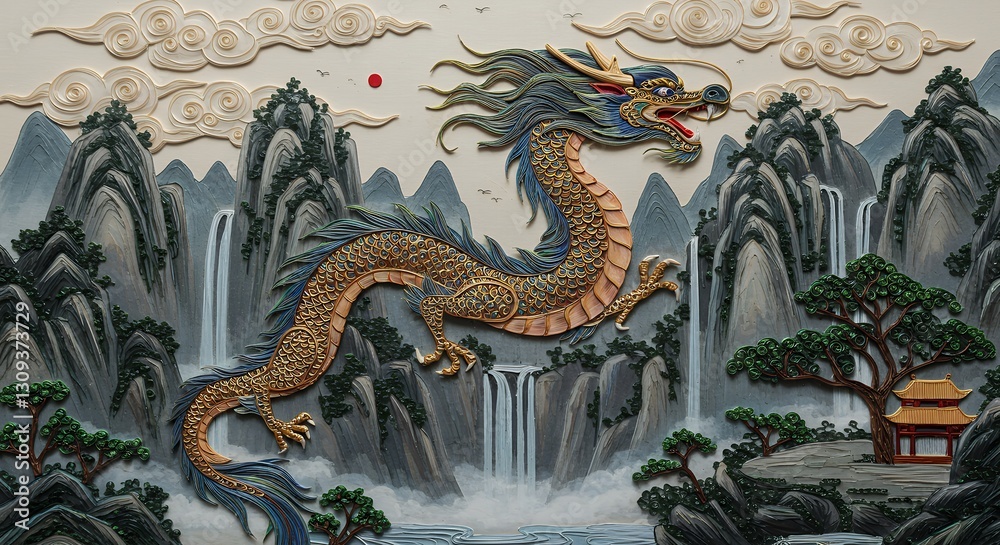 Fototapeta premium Majestic Dragon Leaping Through Mountains with Waterfalls and Temple Scenery