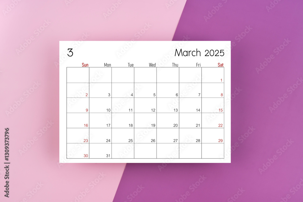 Εκτύπωση καμβά March 2025 calendar page on purple two tone color background.