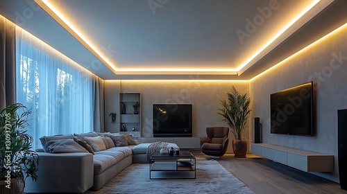 Modern living room with cove lighting and comfortable seating.
