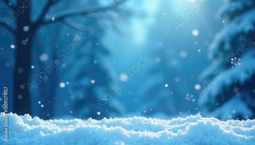 Snowflakes gently fall on a serene blue winter background, snowfall, winter wonderland, cold