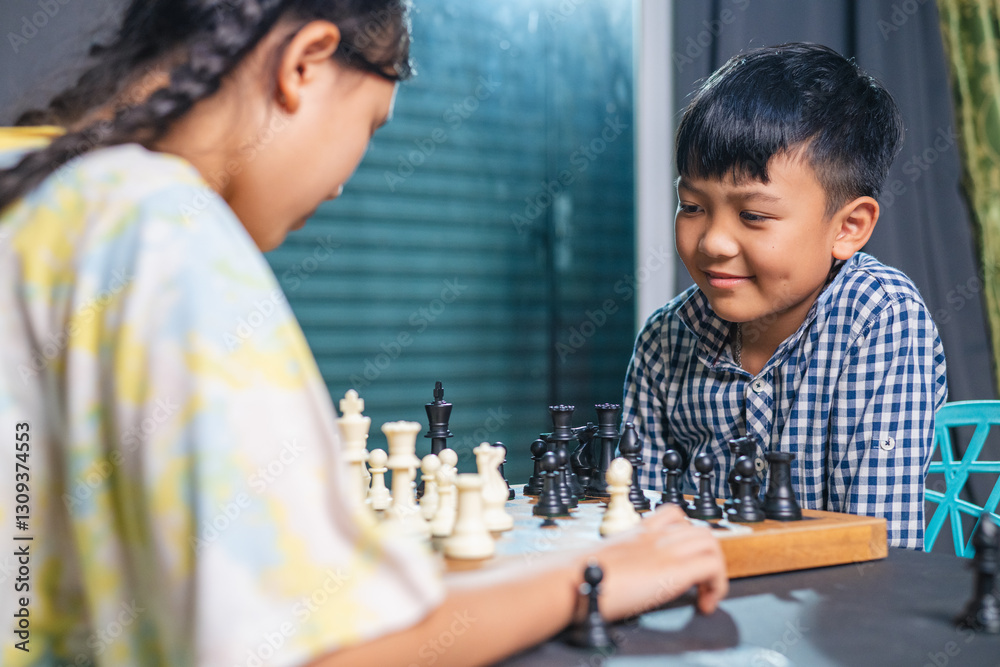 Smart kids enjoying a board game, making their next move in a friendly chess match. Smart kids enjoying a board game, making their next move in a friendly chess match.