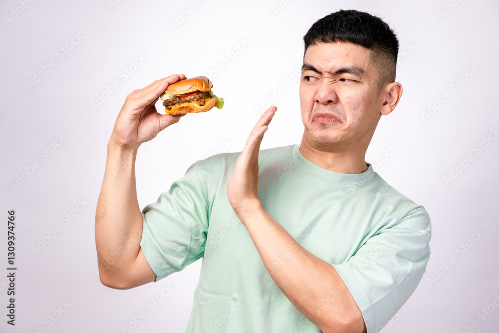 An Asian man in a mint green shirt holds a plate with a cheeseburger while extending his other hand in a An Asian man in a mint green shirt holds a plate with a cheeseburger while extending his other hand in a