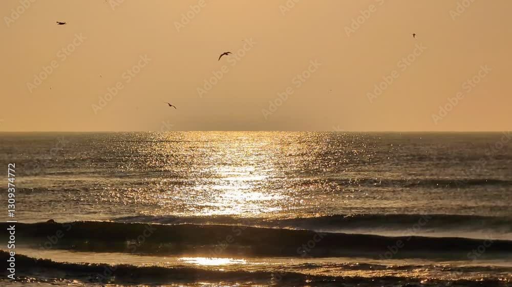 A l'aube, les vagues, dorées par le soleil levant, glissent lentement vers le rivage.