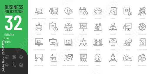 Business Presentation Line Editable Icons set. Vector illustration in modern thin line style of business related icons: speaker, meeting, discussion, and more.