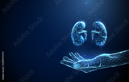 Abstract giving hand with human kidneys. Healthcare medical concept. Low poly futuristic technology digital neon style.