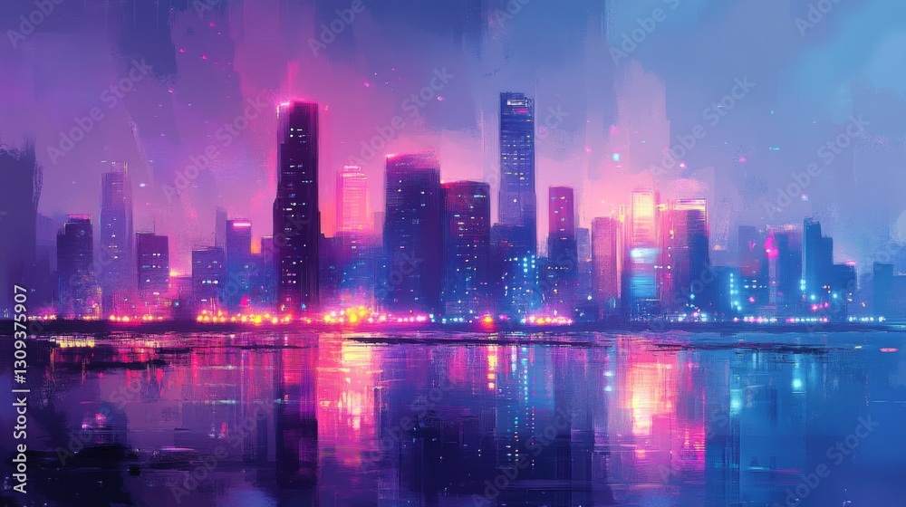 Fototapeta premium Vibrant Pink And Blue City Nightscape Reflection