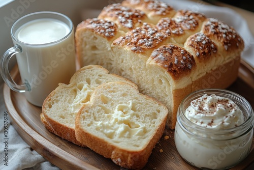 Artisan bread with milk and cream A comforting breakfast or snack of freshly baked bread creamy milk and sweet cream photo