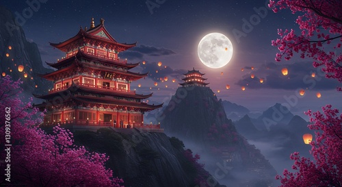 Pagodas and Lanterns Glowing Under Full Moon with Pink Blossoms