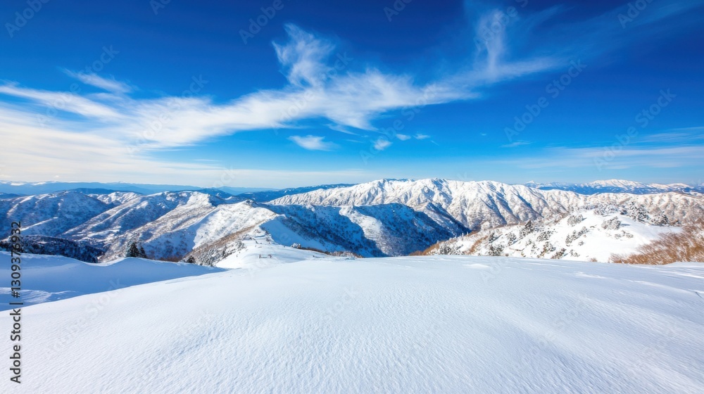 Panoramic view of snow-covered mountain range under a vibrant blue sky. Panoramic view of snow-covered mountain range under a vibrant blue sky.