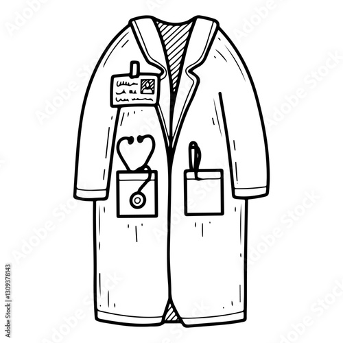 Doctor's coat. Hand drawn doodle. Hospital medical staff uniform. Special clothing. Badge. Vector line art illustration.