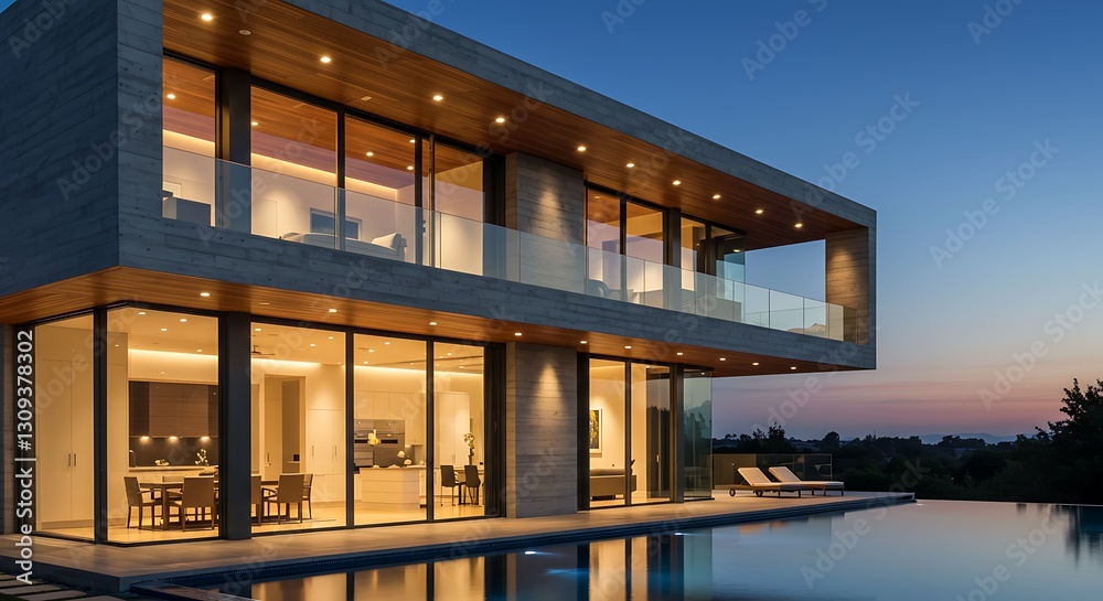 Modern Luxury Villa at Dusk with Infinity Pool Modern Luxury Villa at Dusk with Infinity Pool