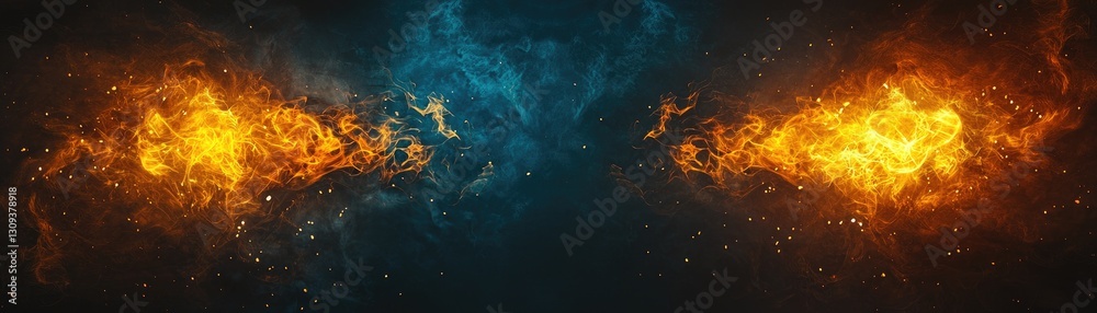 Fototapeta premium Fiery clash, dual flames, dark background, energy, game design