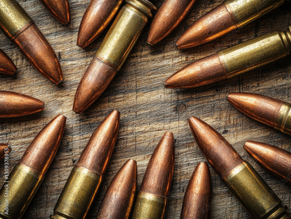 Bullets arranged in a circular pattern on a wooden surface Bullets arranged in a circular pattern on a wooden surface