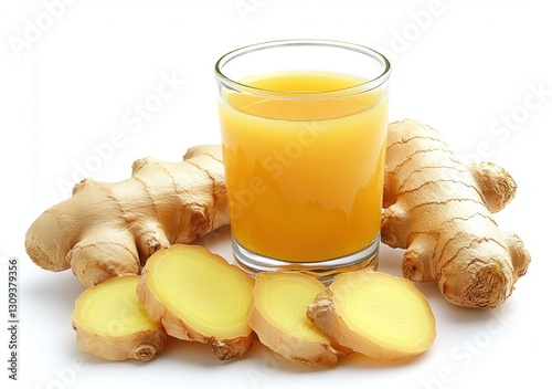 Ginger juice with roots and slices on a white background photo