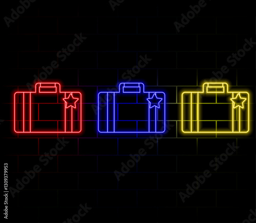 Briefcase neon icon set. Portfolio, Business case glowing sign. Vector illustration