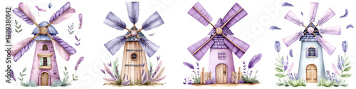 Whimsical watercolor windmills with soft feathers and lavender accents