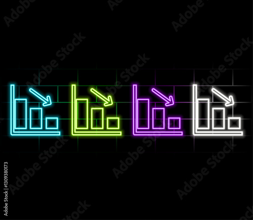 Down animation on business graphics in neon blue color. Animated business loss falling graphic icons, high tech stylish bright motion graphics.
