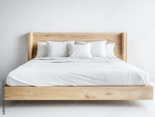 Modern wooden bedframe with crisp white bedding in bright room