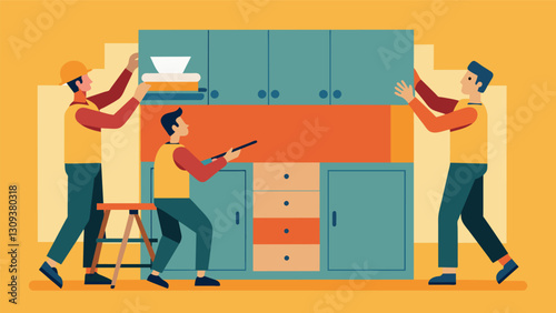 With precision and skill workers slide prefabricated kitchen cabinets into place completing the interior of the house.. Vector illustration