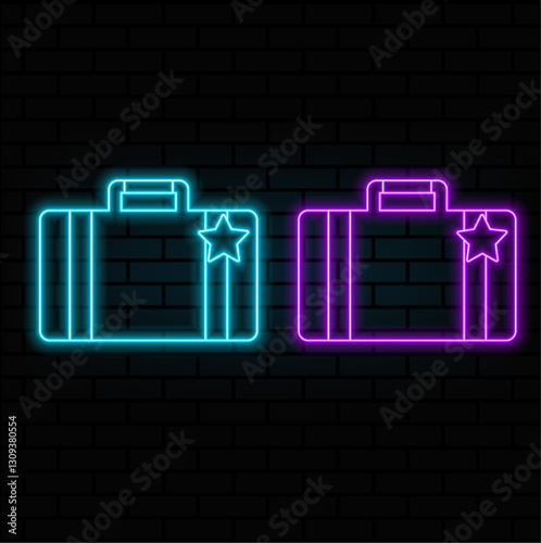 Glowing neon Travel suitcase icon isolated on brick wall background. Traveling baggage sign. Travel luggage icon. Vector Illustration