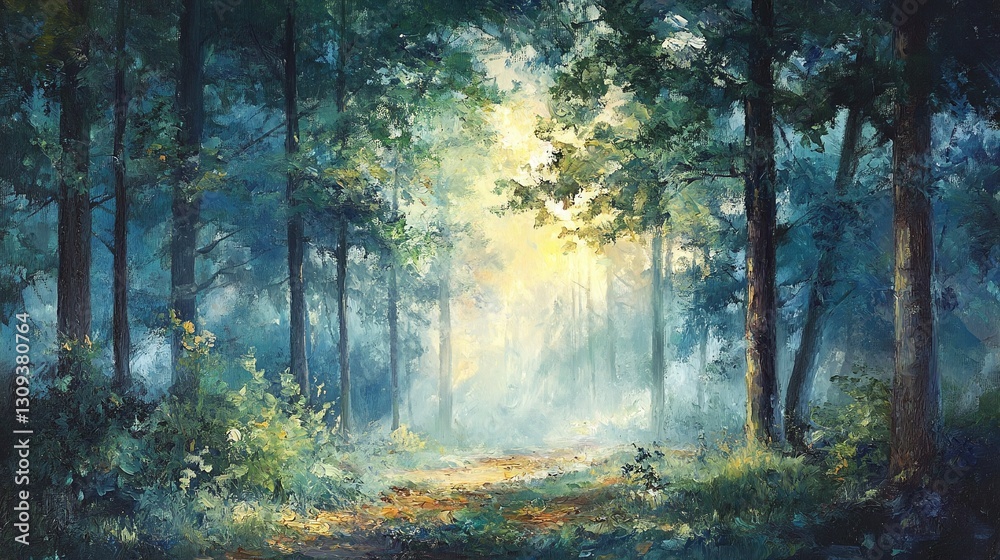Fototapeta premium tranquil forest morning with misty light shining through trees peaceful natural landscape calm woods serene atmosphere foggy sunrise harmony and outdoor scenic beauty concept