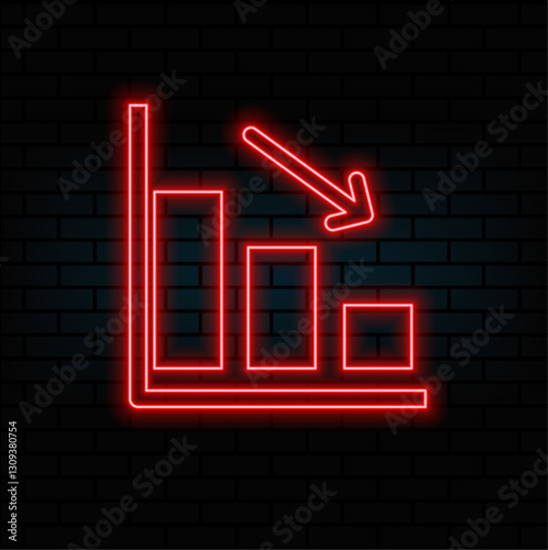 Neon downfall chart icon. Glowing neon drop chart sign, down arrow in vivid colors. Financial forecast, reduce results, falling trend. Bright icon set, sign, symbol for UI design. Vector illustration