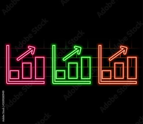 Outline neon growth arrow bars icon. Glowing neon upward chart trend sign, rise arrow bars. Financial forecast, rise in shares, growth level, increase profit, growing trend. Vector icon set