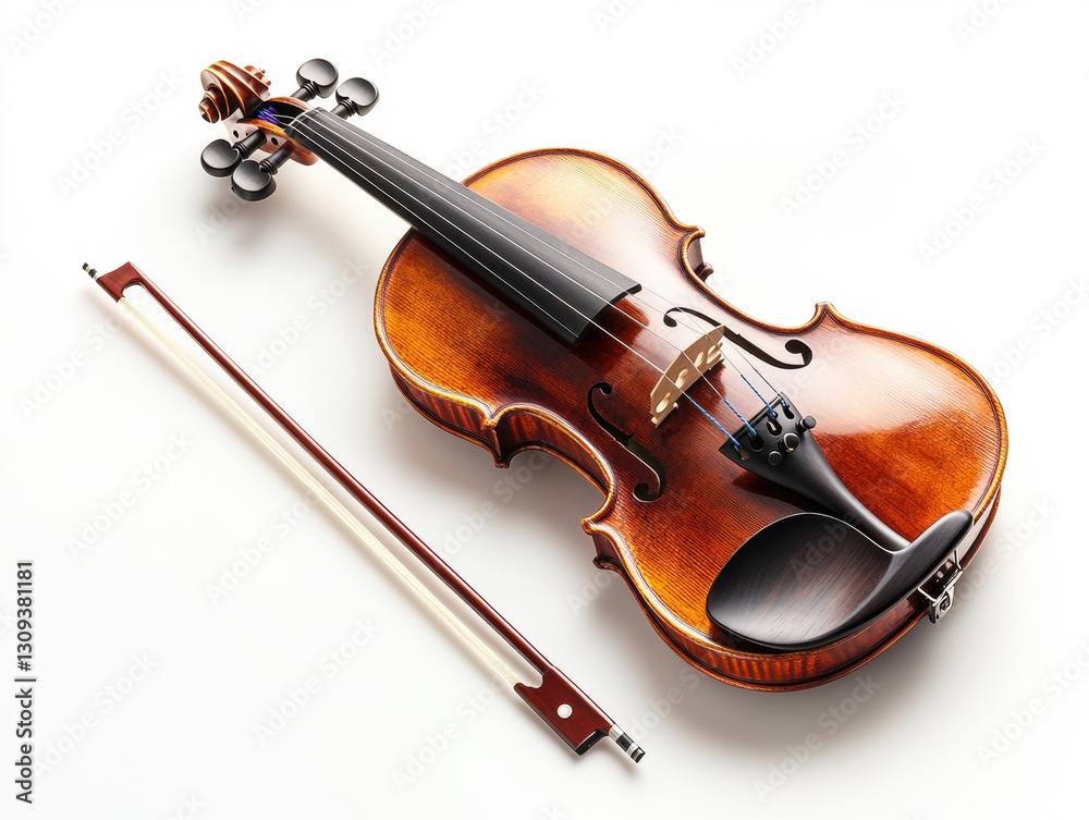 Fototapeta premium Classic wooden violin with bow resting beside it on white background