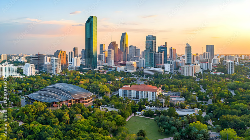 Obraz premium Aerial Cityscape View Of A Modern City Skyline Illuminated By Sunset Light Over Green Lush Trees