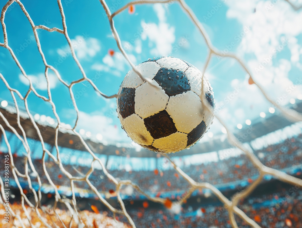 Naklejka premium Soccer ball hitting the net during a match in a stadium