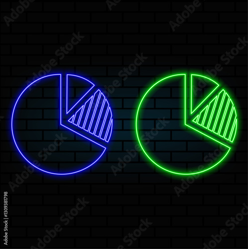 Set of essential business icons, growth sign, stock market icons. pie chart. neon style. blue color.