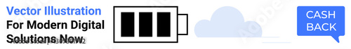 Battery icon with charging bars, cloud symbol, and cashback speech bubble. Ideal for digital savings, cloud tech, rewarding systems, fintech apps, eco tech, online deals flat landing page banner
