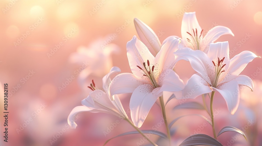 Fototapeta premium White Lilies in Soft Pink Sunlight