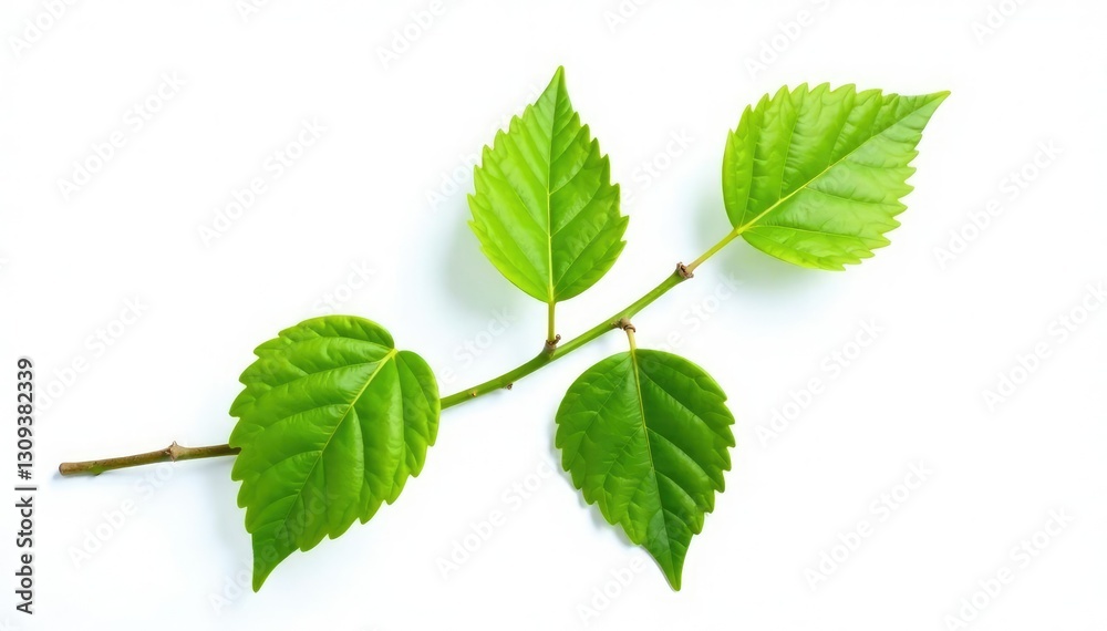 Fototapeta premium Single branch with green leaves isolated on white background, isolate, minimalist, nature