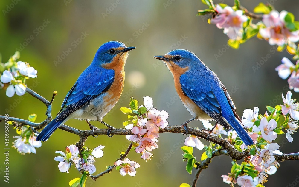 Obraz premium Vibrant Bluebirds Perched On A Flowering Branch